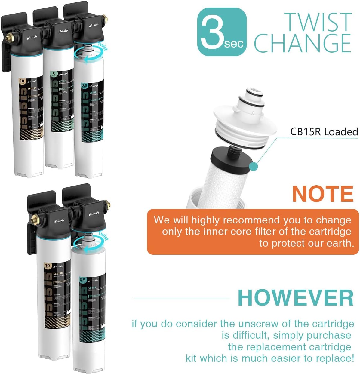 Frizzlife CB15R-HF Replacement Housing Kit With CB10R Filter Cartridge Inside - For DW15, DW15F, TW15 Under Sink Water Filter Systems - Image 3