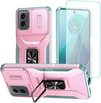 Case for Moto G 2024 5G Case, Moto G Play 5G 2024 with Tempered Glass Screen Protector and Slide Camera Cover, Rotated Ring Car Mount Holder Cover for Motorola Moto G Play 5G 2024 PC Pink