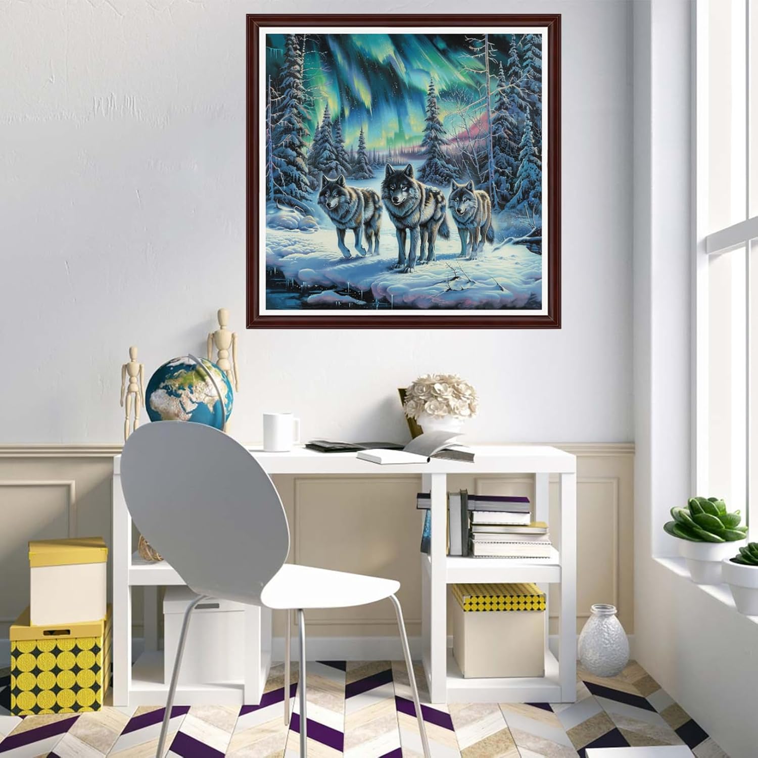 Dimxvean Counted Cross Stitch Kits for Adults,11CT Unprinted Cross-Stitch Pattern Embroidery Kit Cross Stitching Kit Supplies Needleworks Set-Snow Wolf Aurora Landscape 18x18 inch