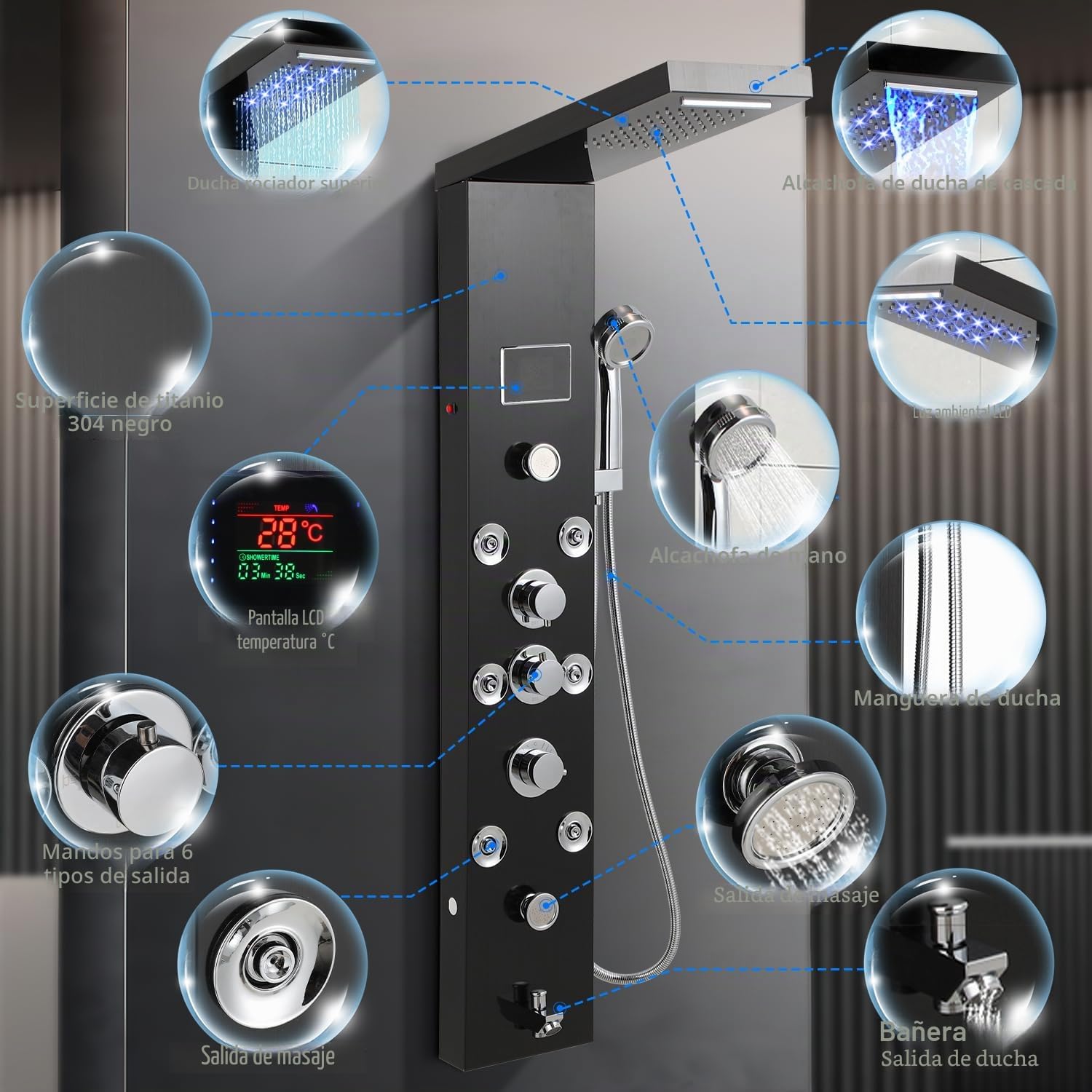 Panel de ducha de acero inoxidable con 6 funciones, indicador de temperatura LED, lluvia y cascada, ducha de mano y chorros de masaje