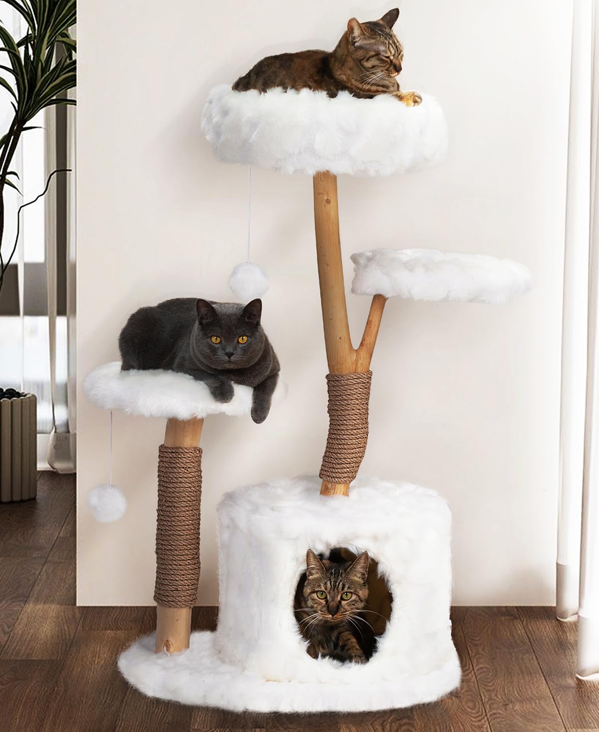 COZIWOW Cloud Cat Tree Tower, Solid Natural Wood Branches, Modern, Aesthetic, Unique, Cat-Approved, 34