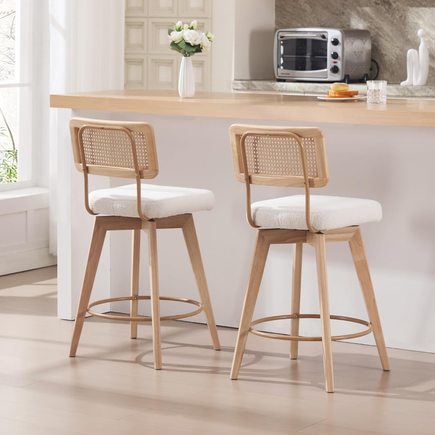 Rattan Bar Stools Counter Height Set of 2, Swivel Counter Stools for Kitchen Island, White Boucle Barstools with Woven Wicker Backs and Solid Wooden Legs, Undyed Wood Farmhouse Bar Chairs