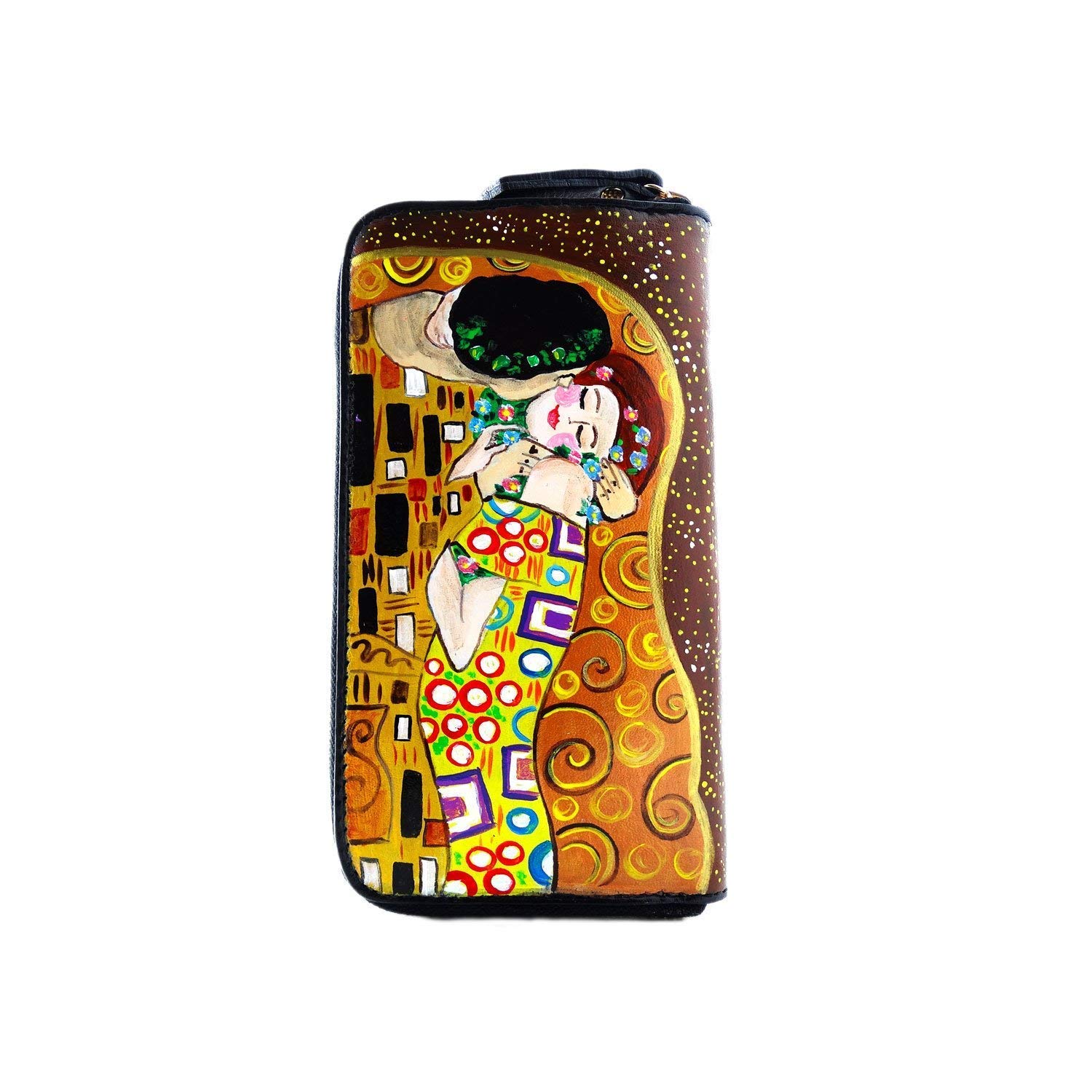 Arte Lisanti Portafoglio da donna in pelle dipinta a mano - IL BACIO DI KLIMT - Portafogli Donna, Vera Pelle, Made in Italy, con cerniera lampo, porta carte credito, Lavorazione Artigianale