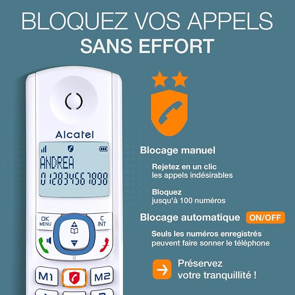 ALCATEL F530 - Téléphone Fixe Sans Fil DECT - Grand Écran Rétroéclairé - Mains Libres - Fonction Blocage Des Appels - 2 Touches De Mémoires Directes - Blanc/Bleu - 4