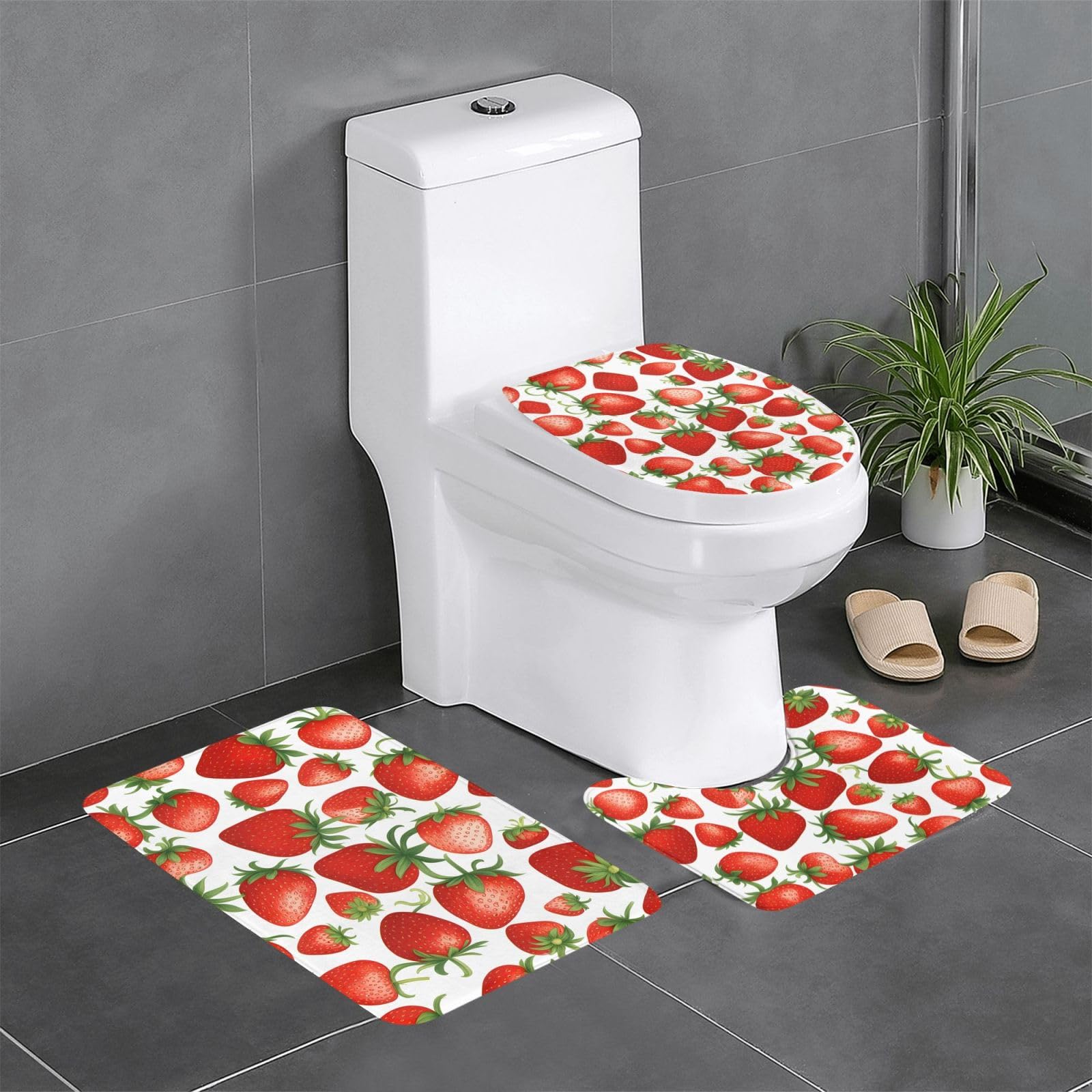 Tapis de salle de bain antidérapants lot de 3 avec motif fraises rouges pour baignoire et WC