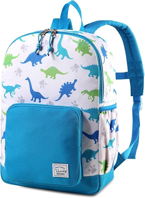 VASCHY Kids Backpack, 13L School Bag for Boys and Girls 4-6Years Water Resistant Toddler Dinosaur Rucksack Children's Backpack with Elastic Water Bottle Pockets for Elementary School(White Dino)