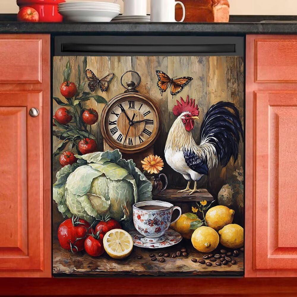 Country Style Vegetable Dishwasher Magnet Cover, Farmhouse Rooster Kitchen Decor Magnetic Dishwasher Cover Vinyl Decal, Clock Fridge Stickers Full