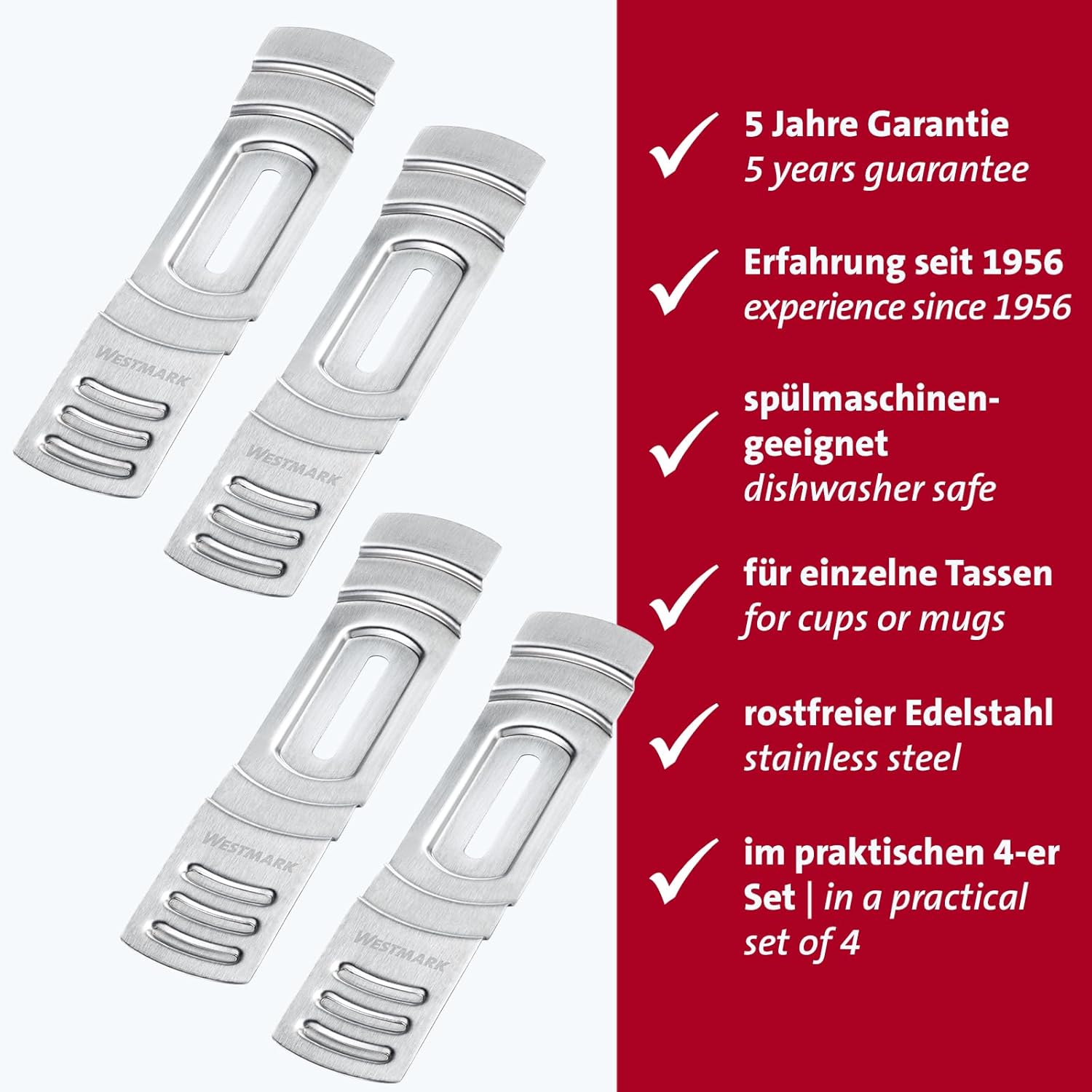 Westmark Cup Sugar Tongs Set of 4 - Fire Tongs Punch Set for Individual Sweetness - Robust Stainless Steel - Silver, 4 x Diameter 9.5 cm, Rose