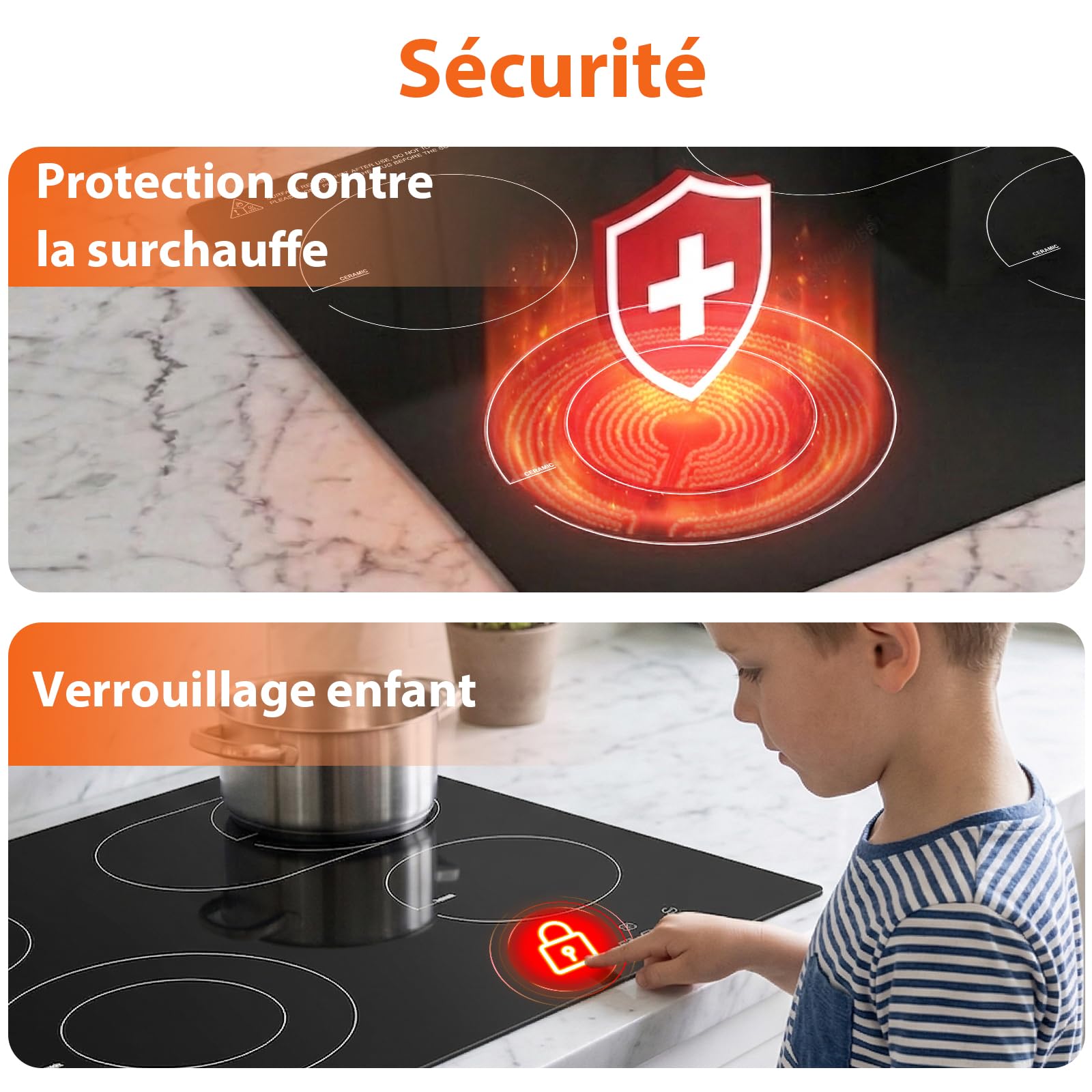 Topwish Plaque vitrocéramique 4 feux, plaque de cuisson vitrocéramique encastrable, plaque de cuisson electrique, tables de cuisson 60cm avec double zone extensible, verrou de sécurité, 6600W