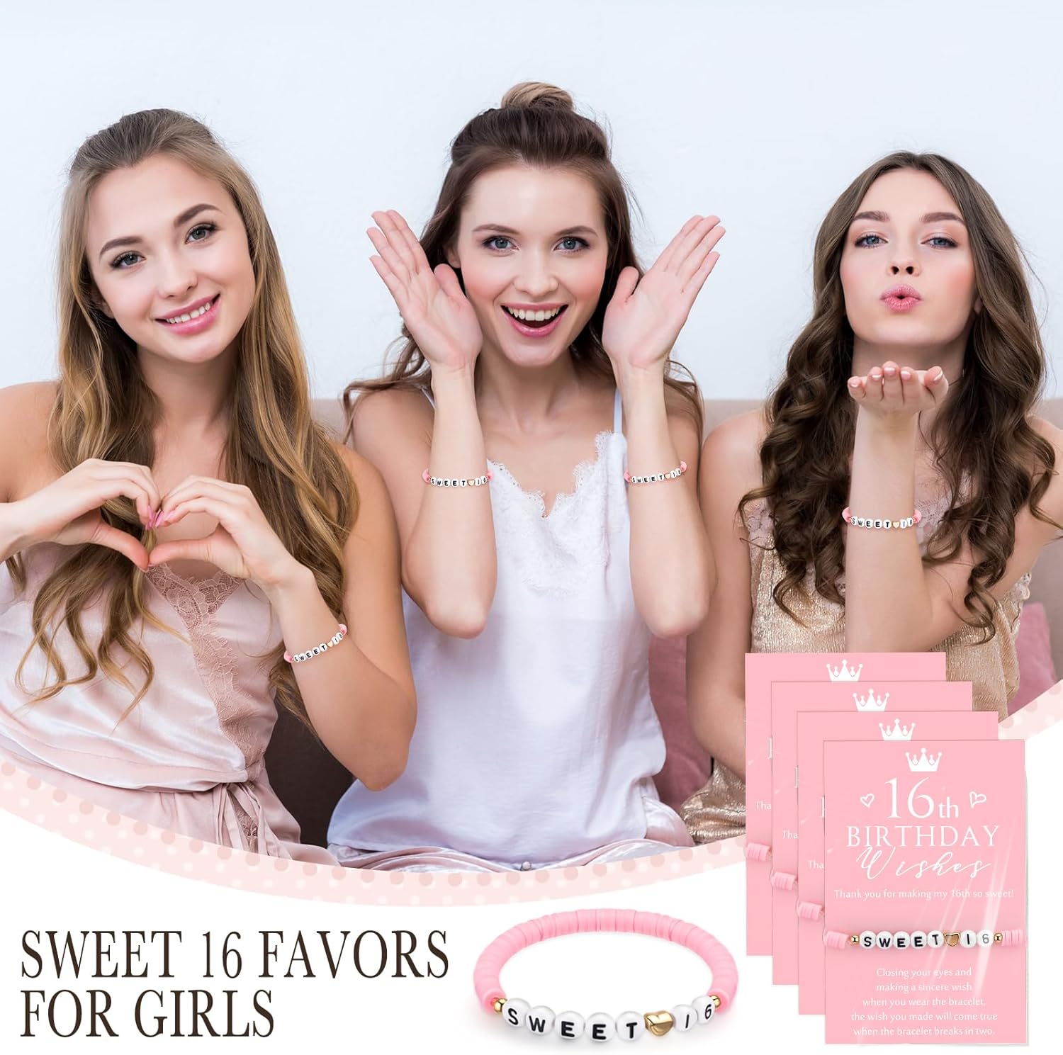 Tondiamo 25 Sets Sweet 16 Birthday Gift for Guests Pink Sweet 16th Polymer Clay Beaded and Heart Bead Stretch Bracelets with Wish Cards 16 Years Birthday Party Favor for Friends Guests - Image 6