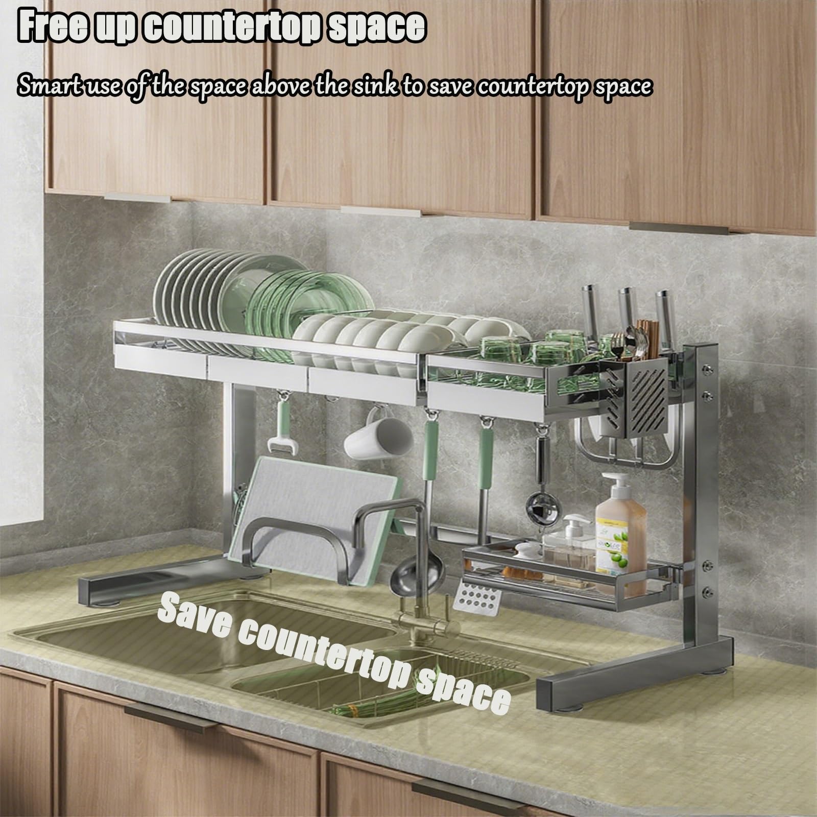 Escurreplatos de cocina de 2 niveles, 25 pulgadas, acero inoxidable 304 duradero, diseño que ahorra espacio, resistente al óxido, ideal para la organización del hogar y la cocina