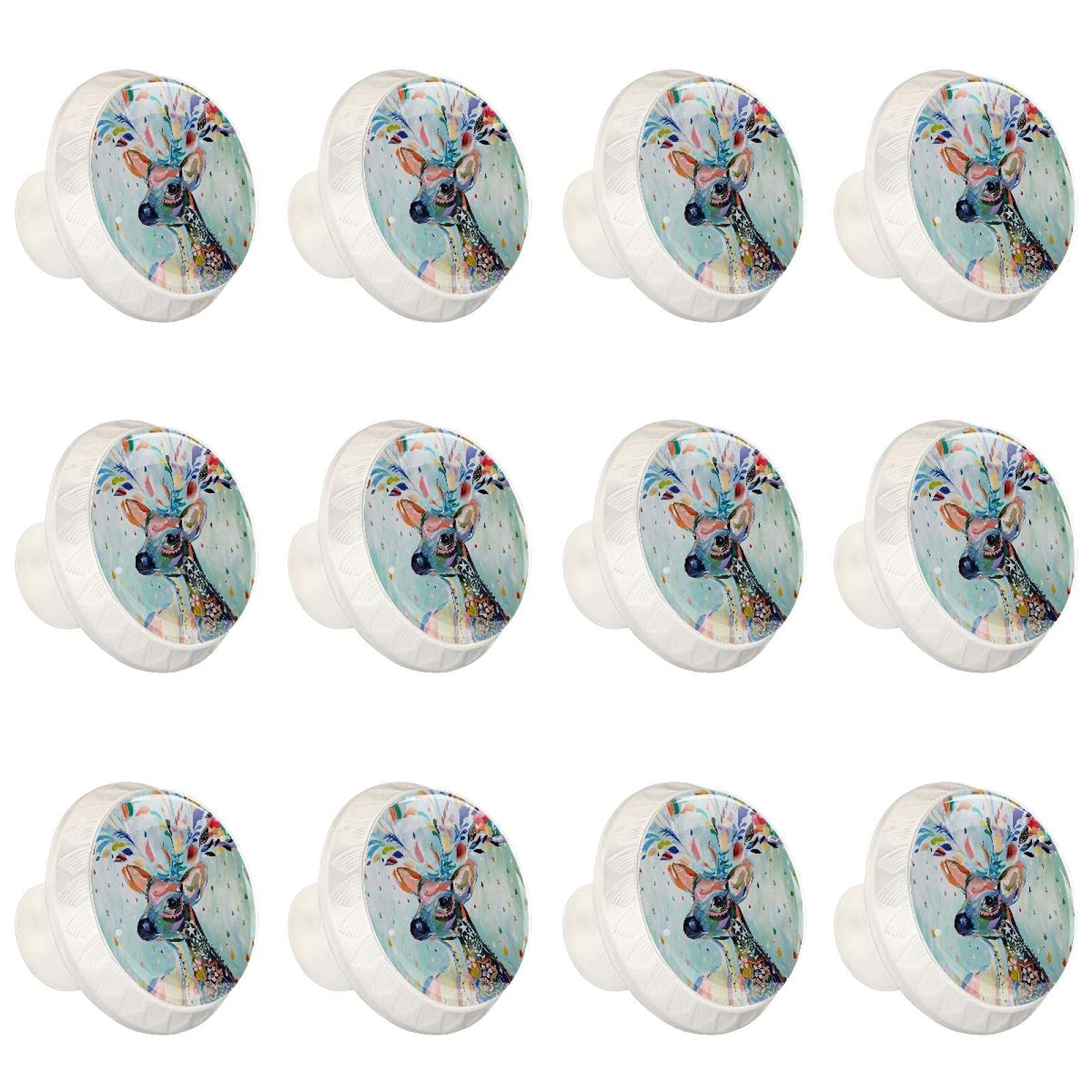 Boutons de cuisine ronds aquarelle cerf et fleurs pour placard 12 pièces