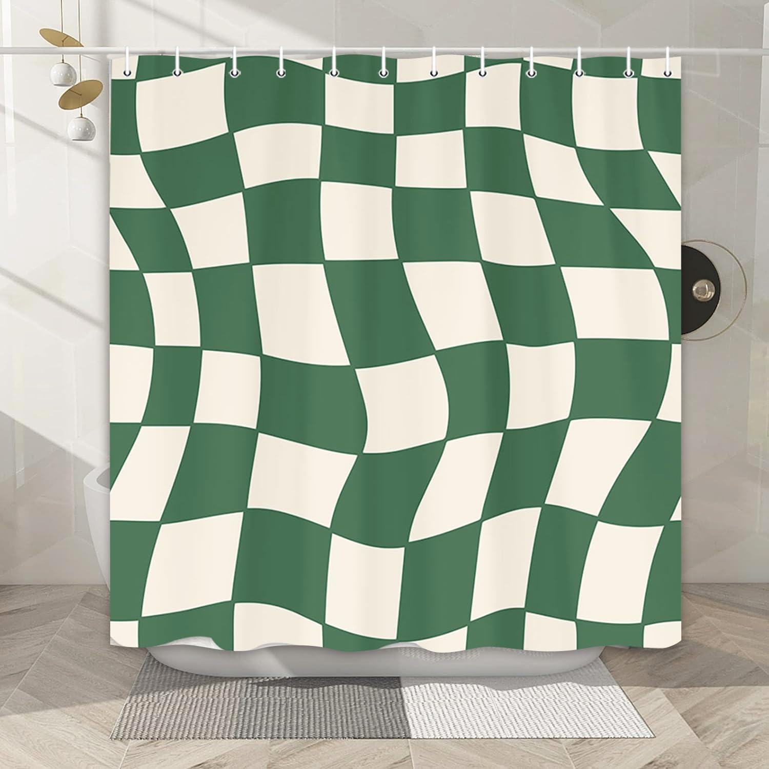 Cute Green Checkered Shower Curtain,Vintage 60s 70s Modern Abstract Funky Bathroom Accessories, Trendy Wavy Hippie Grid Fun Aesthetic Groovy Retro Minimal Fabric Bath Curtain Set with Hook, 69X75in