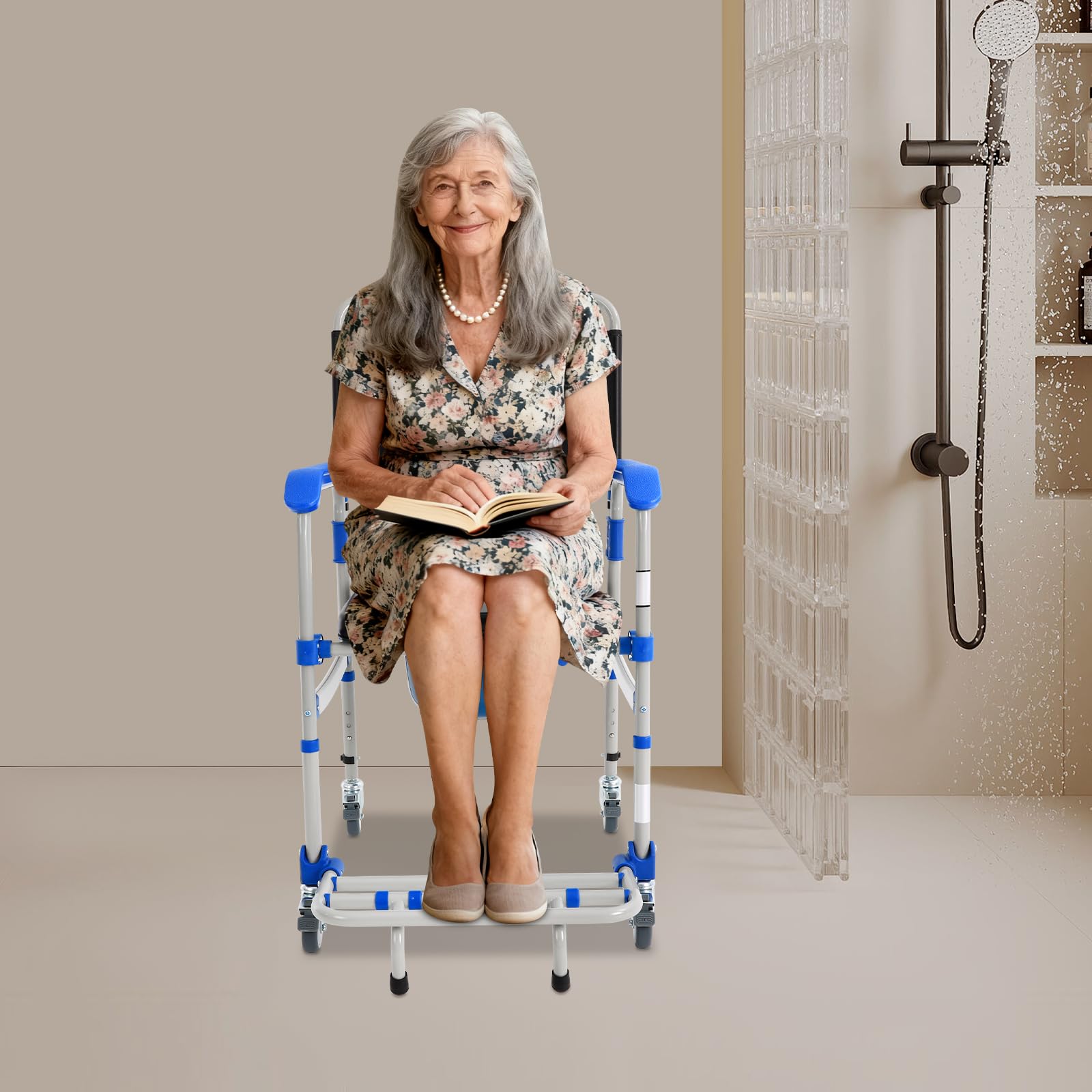 Silla de inodoro para personas mayores, plegable con ruedas, capacidad de carga de 125 kg y 4 ruedas de freno, altura ajustable (41-49 cm), para personas mayores y personas con movilidad reducida