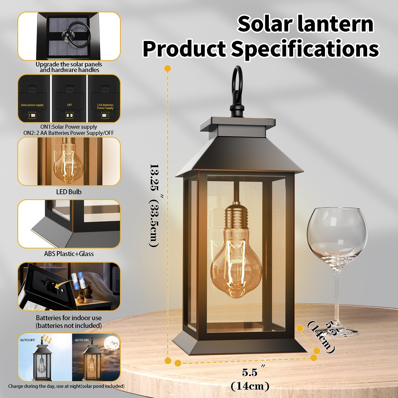 Solarlaternen für den Außenbereich, hängende Glas-Solarleuchten, wasserdicht, Dual-Power-Solarleuchten und 2 x AA-Batterien, für Veranda, Terrasse, Hof und Indoor-Tisch oder Kaminsims, 2 Stück