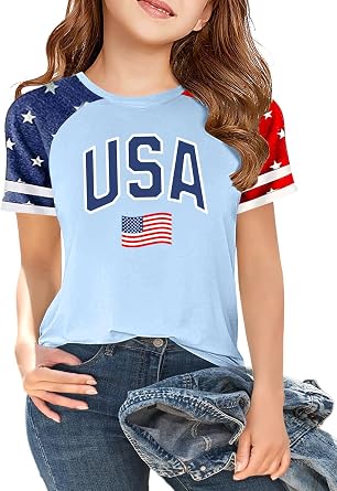 CAZYCHILD Girls 4th of July USA Shirt American Flag Patriotic T-Shirt Independence Day Outfit for Kids 5-14Years