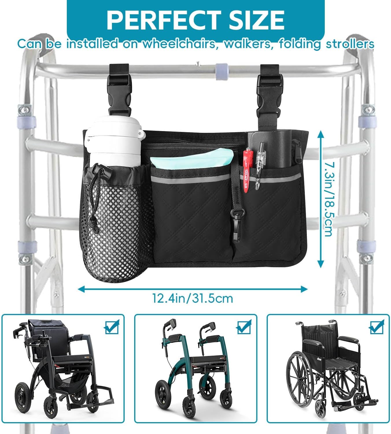 Wheelchair Bag with Cup Holder, Wheelchair Accessories Armrest Side Bag Multi Pockets Pouch for Electric Wheelchairs, Walker, Rollators & Mobility Scooters, Adults, Seniors, Black - Image 2