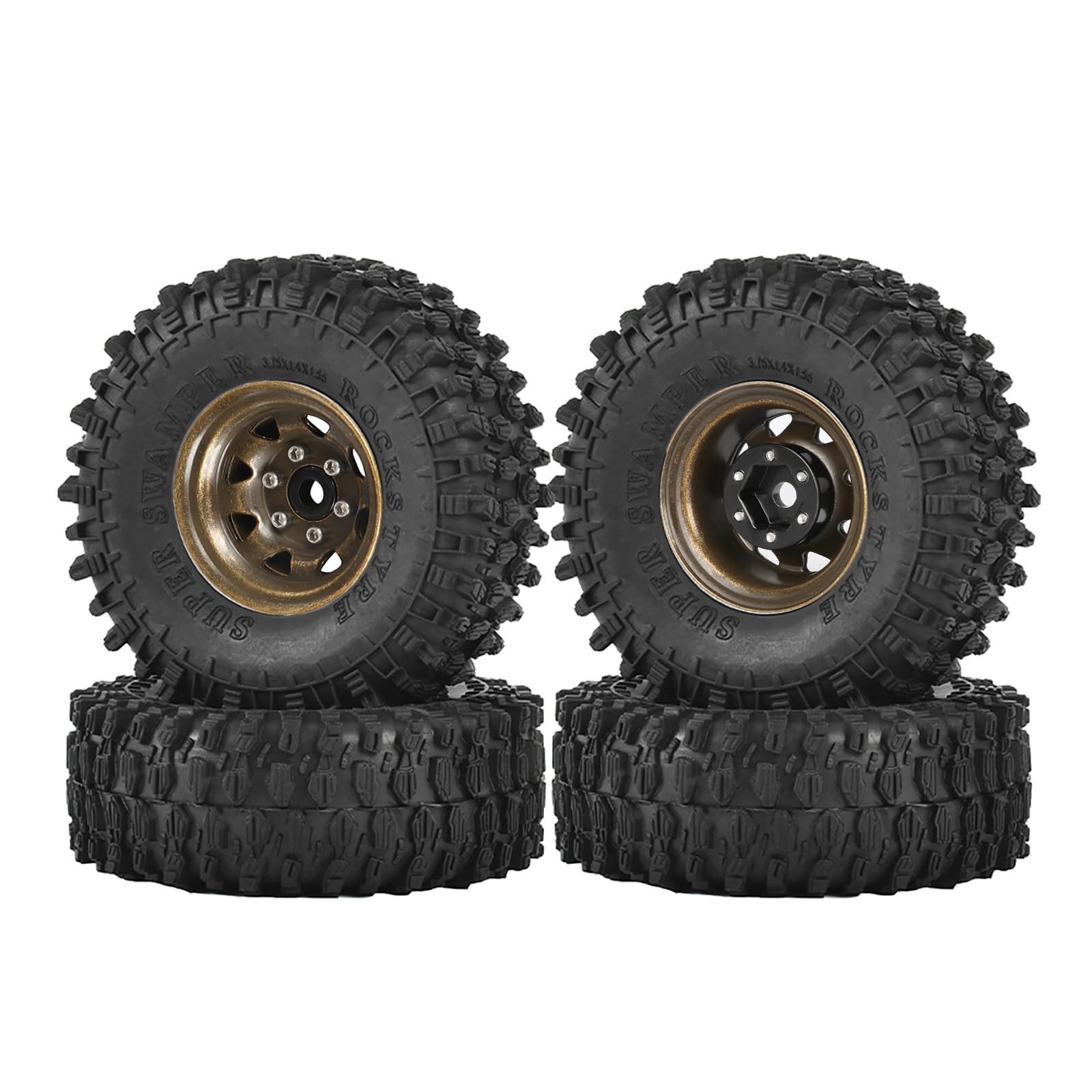 KINGCOO 4Stück 1,55 Zoll RC Metall Beadlock Felgen Räder mit 95mm Alle Terrain Gummireifen Set für 1/10 RC Crawler Auto für Tamiya Axial D90 TF2 CC01 LC70 LC80 Upgrade Teil (8Löcher Bronze)