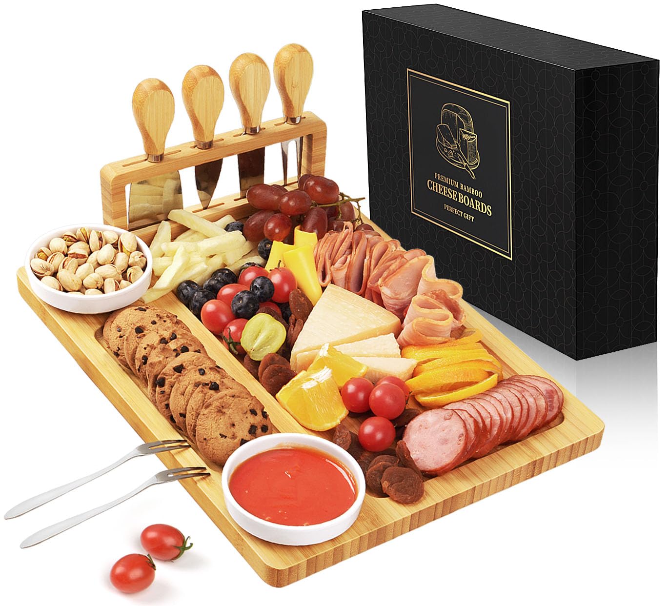 Juego de regalo de tablas de charcutería de bambú, tabla de queso para servir carne, juego de tabla de charcutería con 4 cuchillos de queso de acero inoxidable, ideal para regalos de inauguración de
