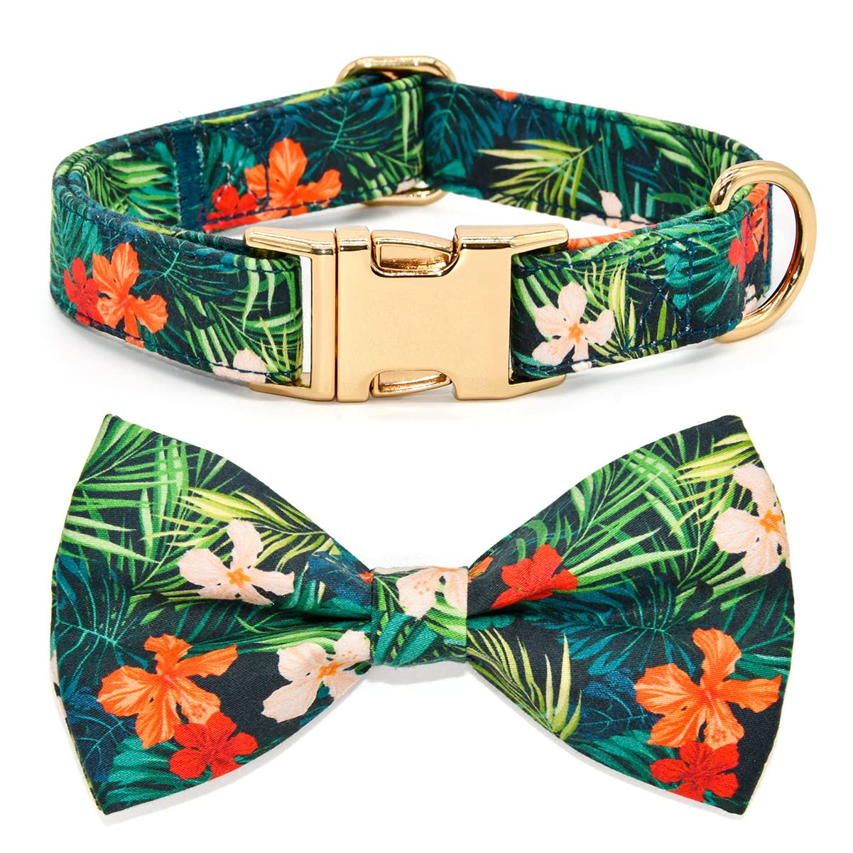 Summer Dog Collars with Bow Tie, Floral Tropical Leaf Bowtie Accessory for Dogs, Gold Metal Accessories Collars for Small Medium Large Dogs, L (15" -