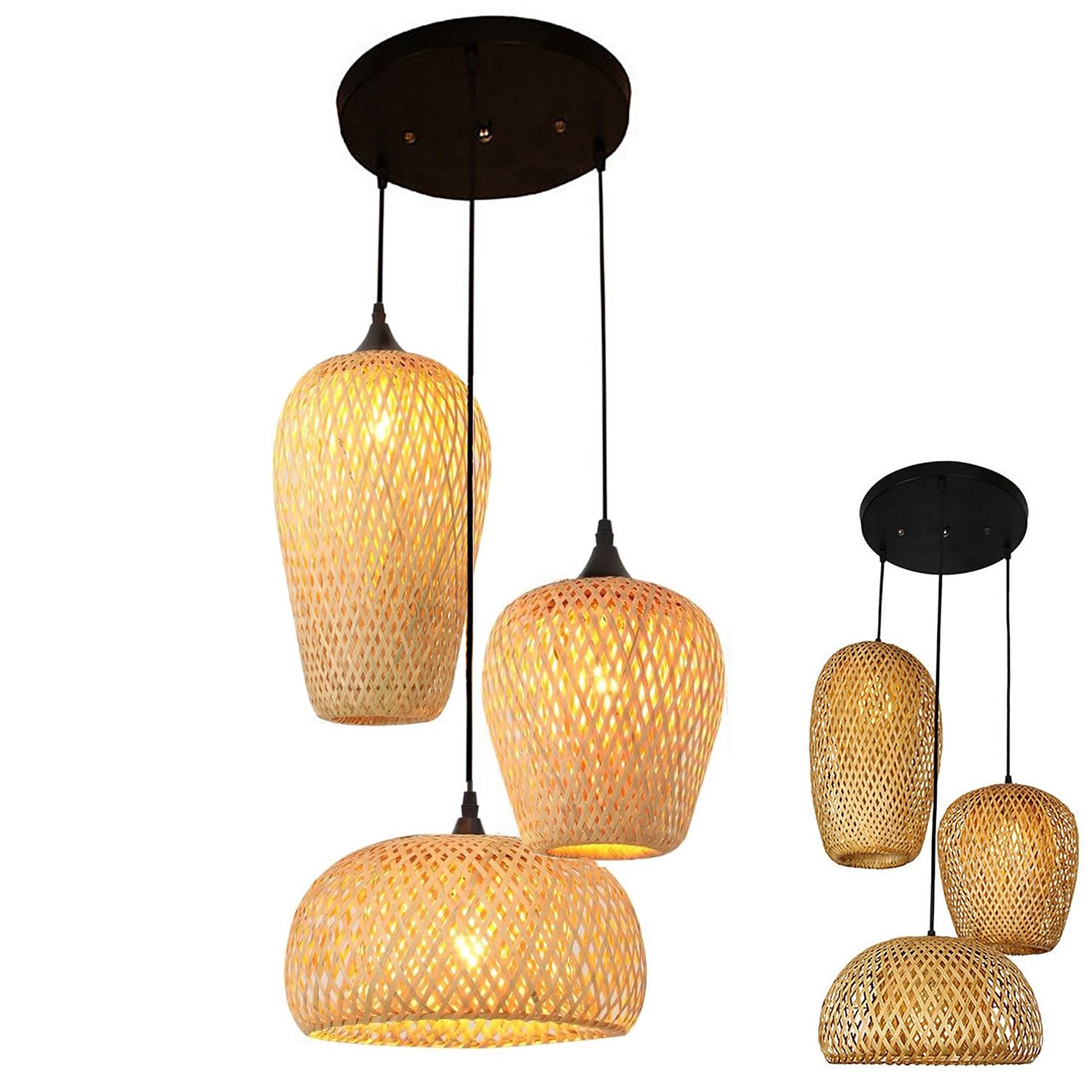 Wisząca Lampa Z Bambusowego Plecionki 3-Światła, Ręcznie Wykonany Żyrandol Konopny Kula, E27 Vintage Industrialna Lampa Wisząca Do Wyspy Kuchennej Jadalni Salonu(Circular disc)