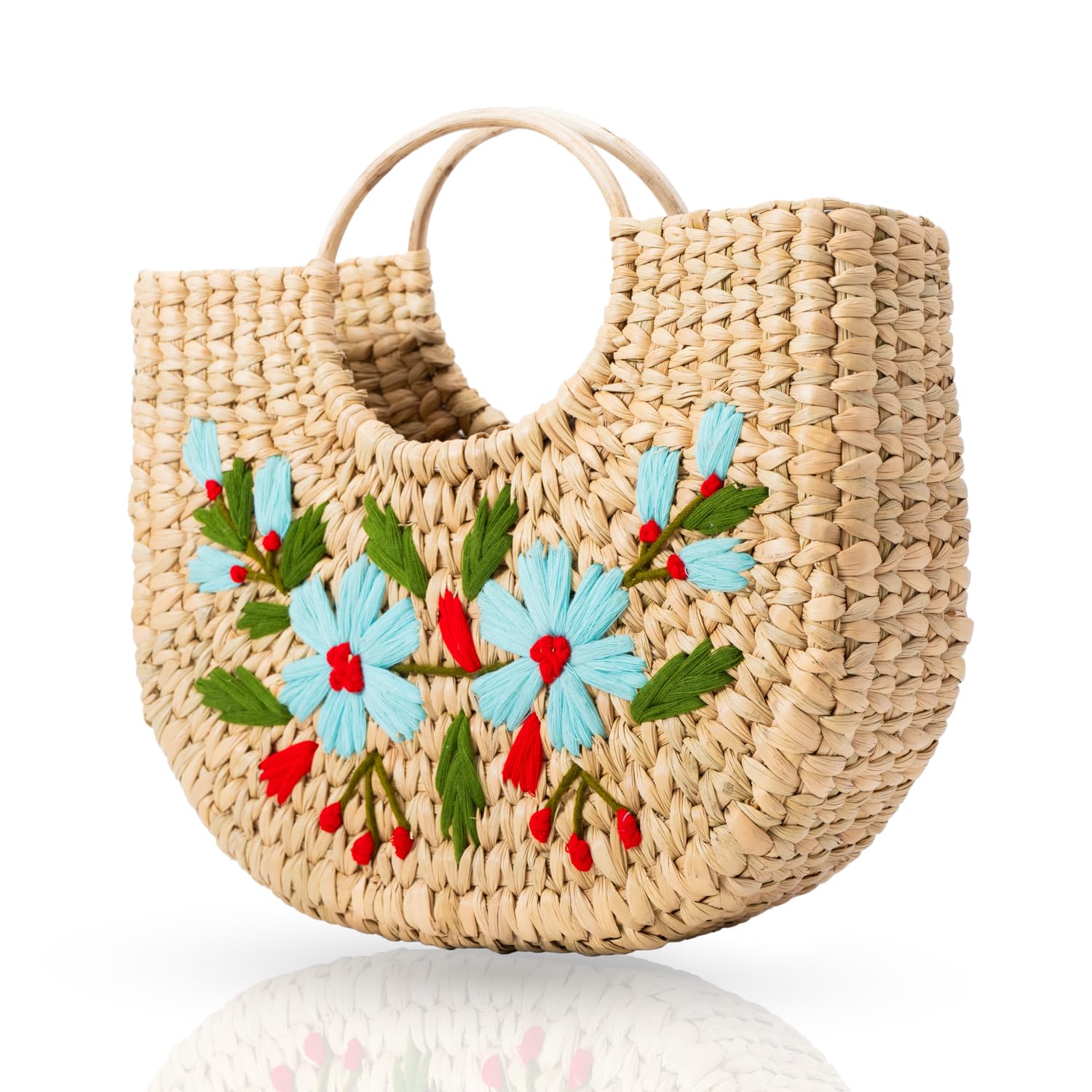 Handwoven Straw Beach Bag, Floral Embroidered Design, Round Handle Tote, Natural
