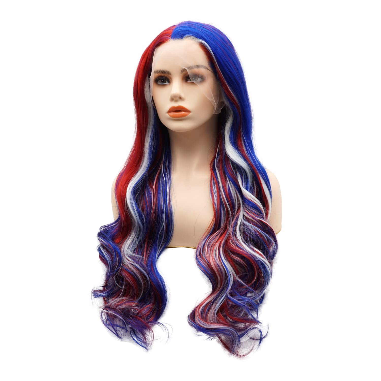 Hair Synthetic Lace Front Wig Wavy Long 24inch Three Tone Mix Blue White Red Heavy Density Heat Resistant Realistic Wig
