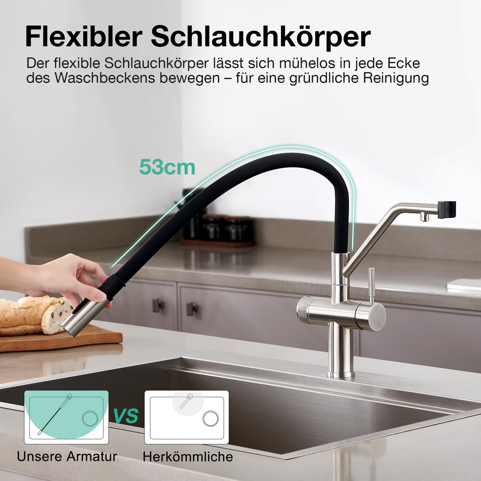 Faustina 4 Wege Küchenarmatur abnehmbar, Doppelhebel Armatur Wasserhahn Küche mit Trinkwasser und Sodawasser Spültischarmatur mit Schwarzer flexibler Silikon Weichschlauch