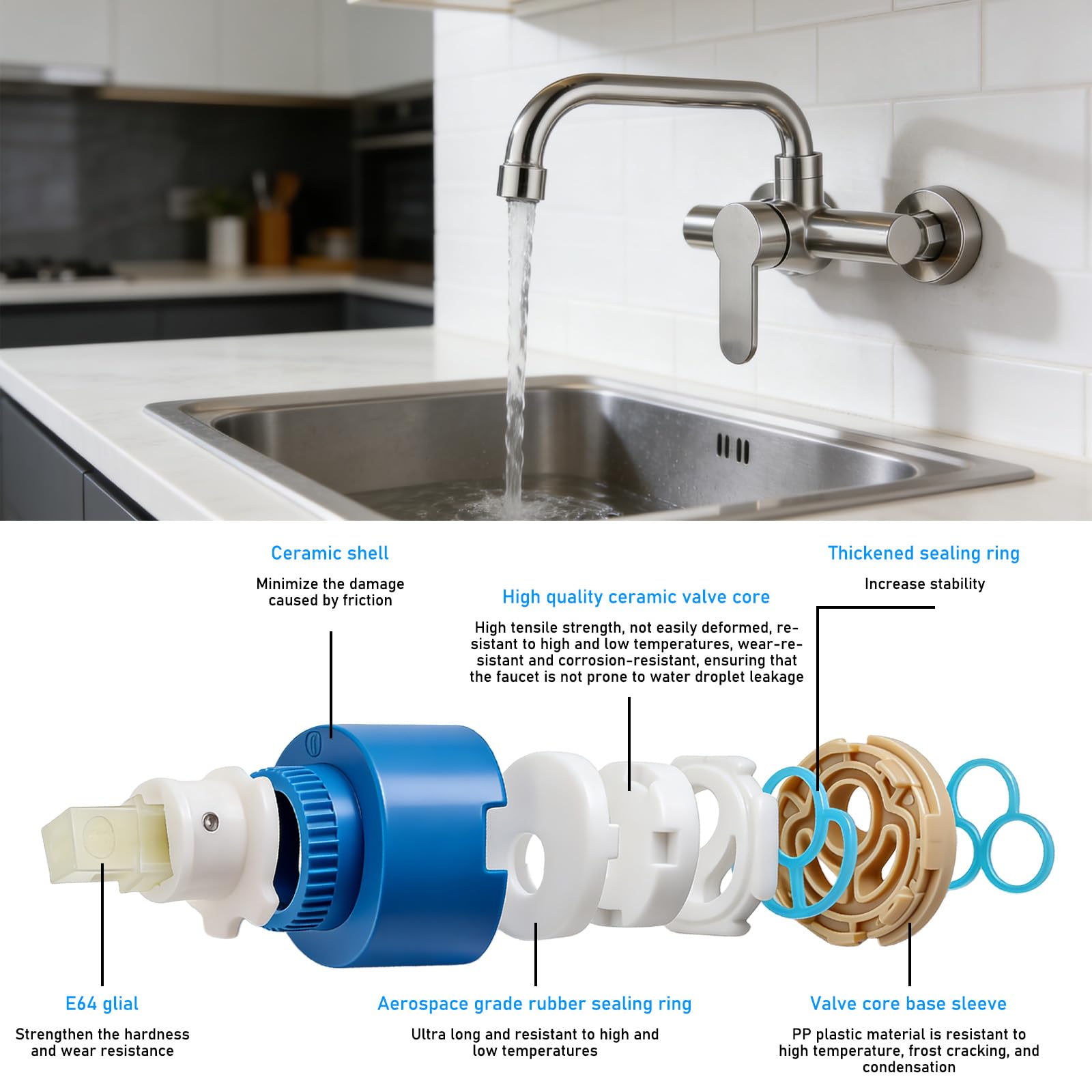 Rubinetto da cucina montaggio a parete: 304 in acciaio inox spazzolato a parete, girevole a 360 gradi, cartuccia in ceramica, acciaio inox opaco, rubinetto da parete in acciaio inox per cucina