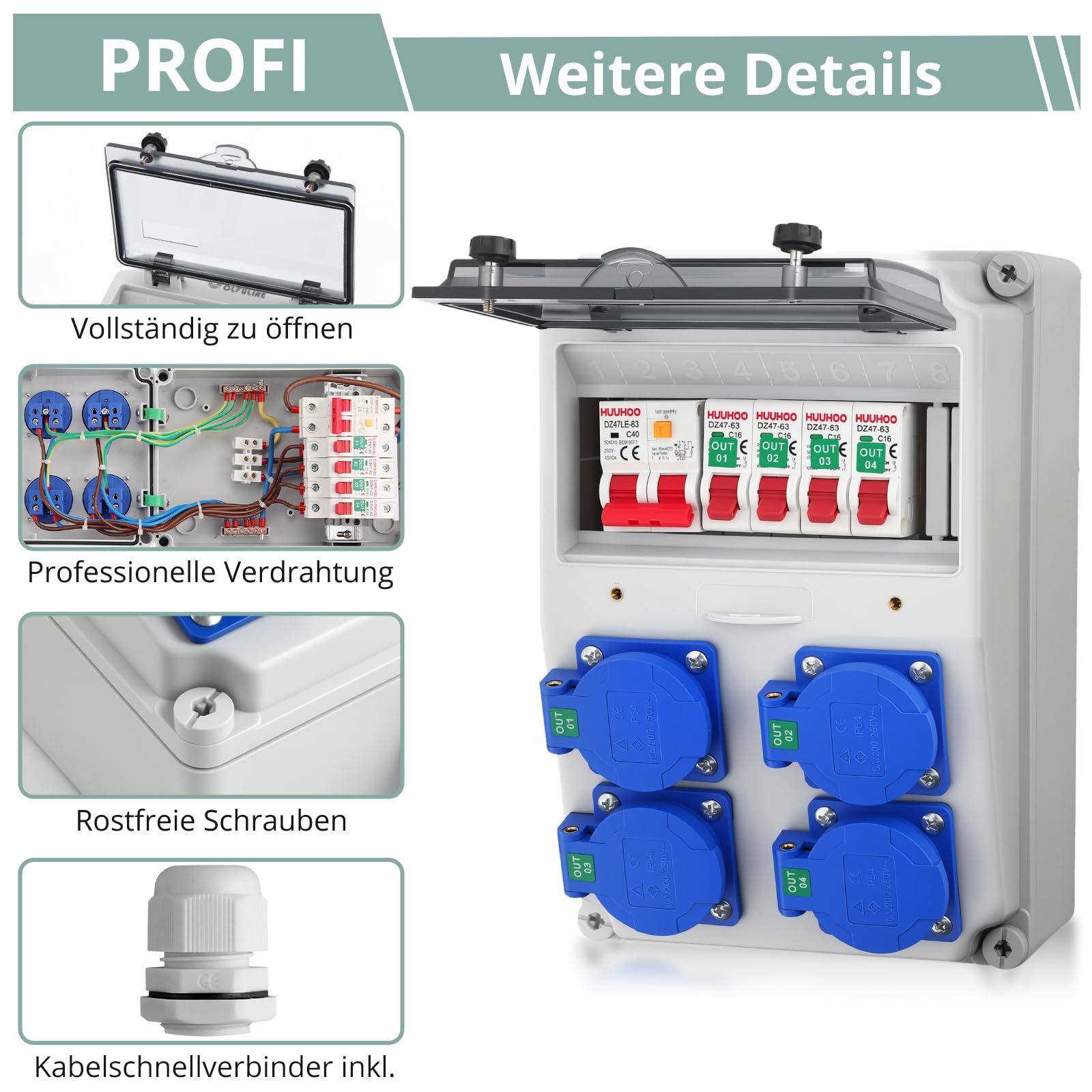 COLFULINE Baustromverteiler mit LS/FI, Vorverdrahtet & Wasserdicht IP66 | Stromverteiler 4x 230V Schuko-Steckdosen 16A, Verdrahtungshinweis, Flammhemmende ABS, für Werkstatt Baustelle Innen & Außen