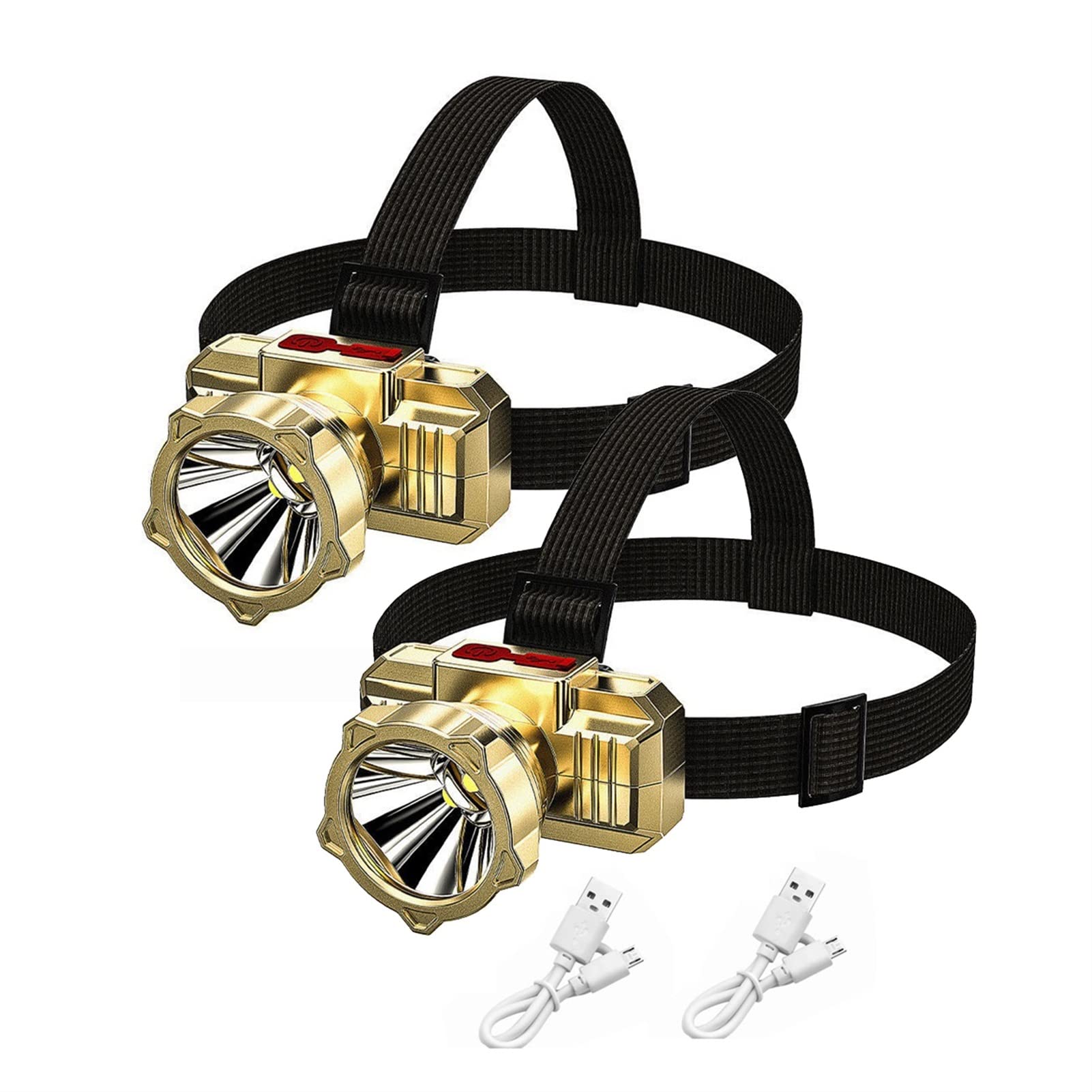 Latarka na głowę, Zestaw 2 Ładowalna lampa robocza USB Przenośny Na wolnym powietrzu Latarka czołowa LED do pracy na kempingu, piesze wycieczki, wędkarstwo (Color : Gold, Size : 1200 mAh)