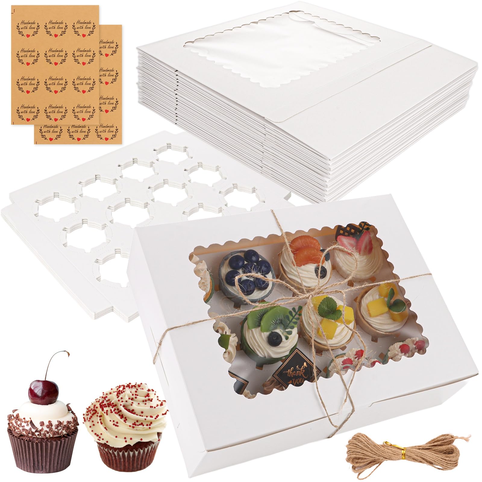 Confezione da 24 scatole per cupcake con 12 fori con finestra, 32 x 25 x 9 cm, scatole bianche per cupcake con spago e adesivi, porta cupcake con inserto per cupcake, biscotti, brownie,
