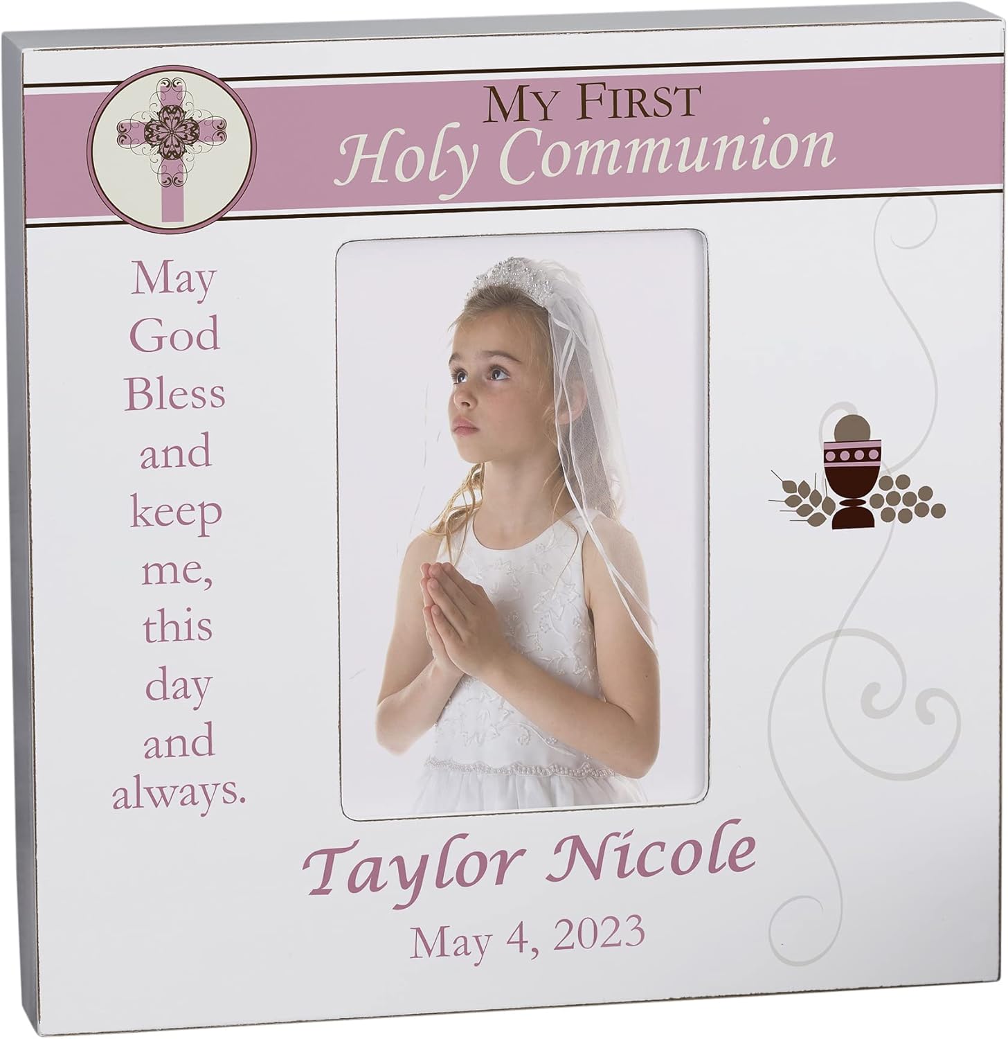 Personalization Universe 4x6 First Communion Personalized Photo Frame for Girls - Vertical Tabletop Pink Blessing Picture Frame with Custom Name and Date