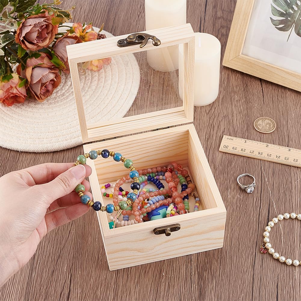 4.72 x 4.72 x 3.35 Inch Unfinished Wooden Display Box Small Wood Keepsake Storage Box with Glass Lid Jewelry Stash Case Container with Hinged Lid for Jewelry Storage Gift Packaging Home image 3