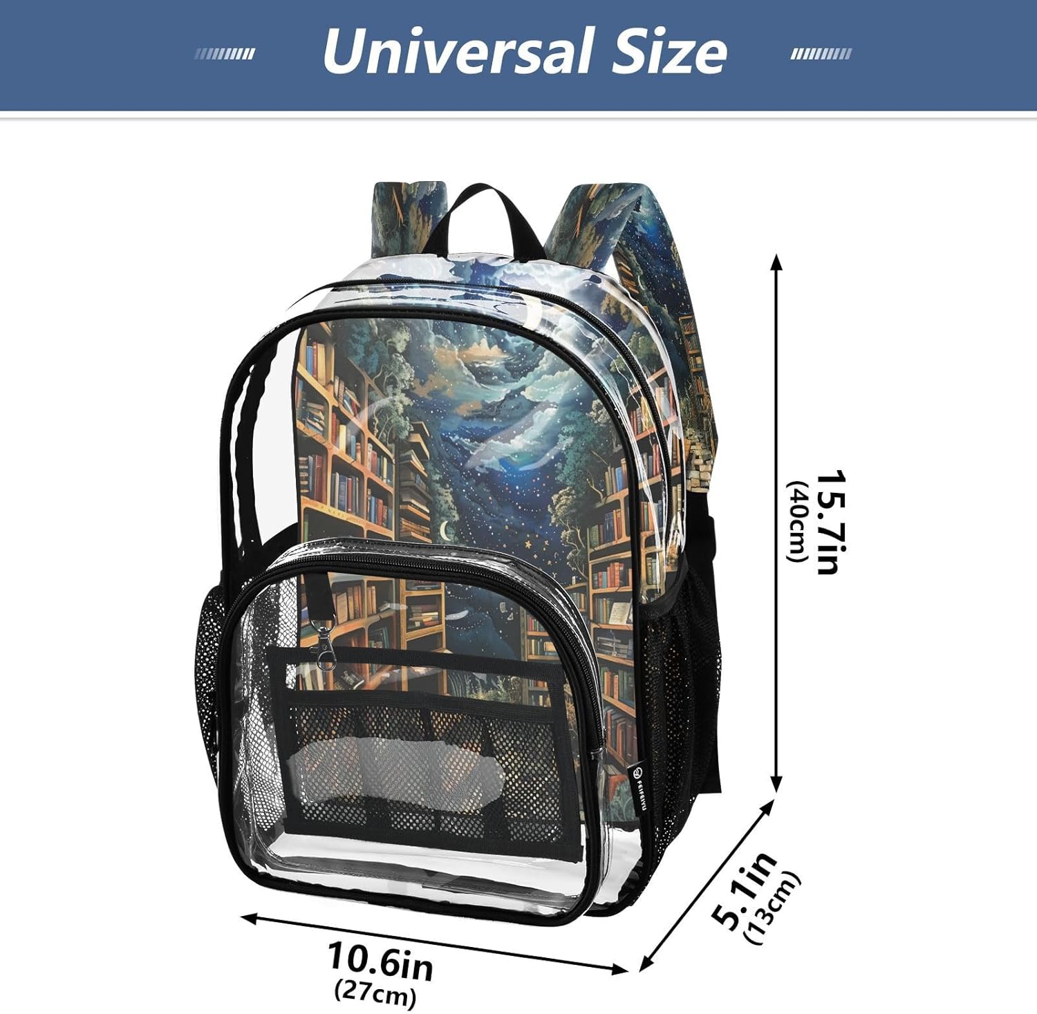 Bookshelf Moon Magic Clear Backpack Heavy Duty See Through Transparent PVC BookBag for Kids Boy Girl Adult School Work