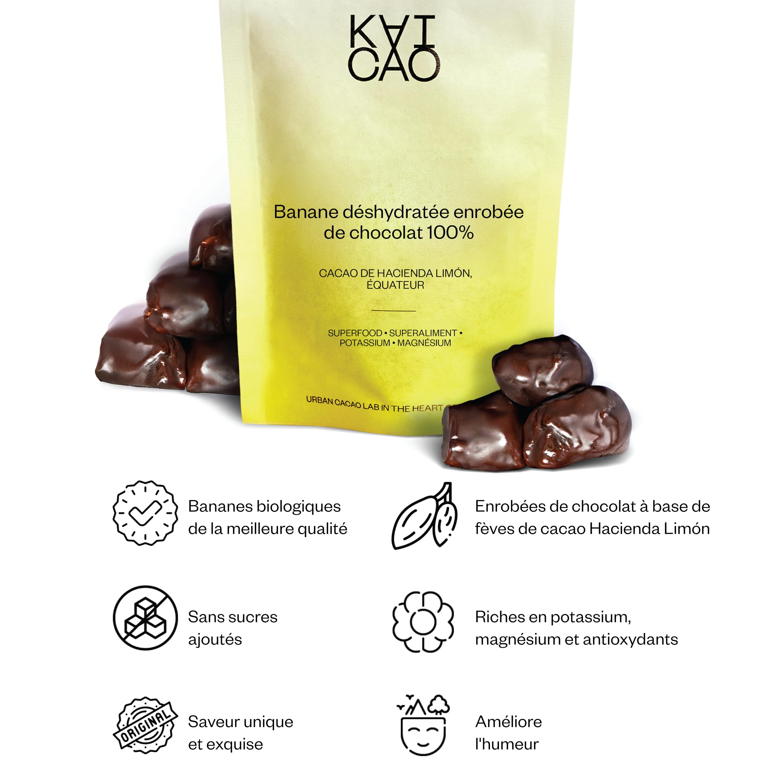 Kaicao Barres Énergétiques de Bananes Déshydratées Enrobées de Chocolat Noir 100% Pur - Sans Sucre Ajouté, Sans Gluten, Sans Lactose, Vegan - Snacks Sains au Cacao Hacienda Limón, Équateur