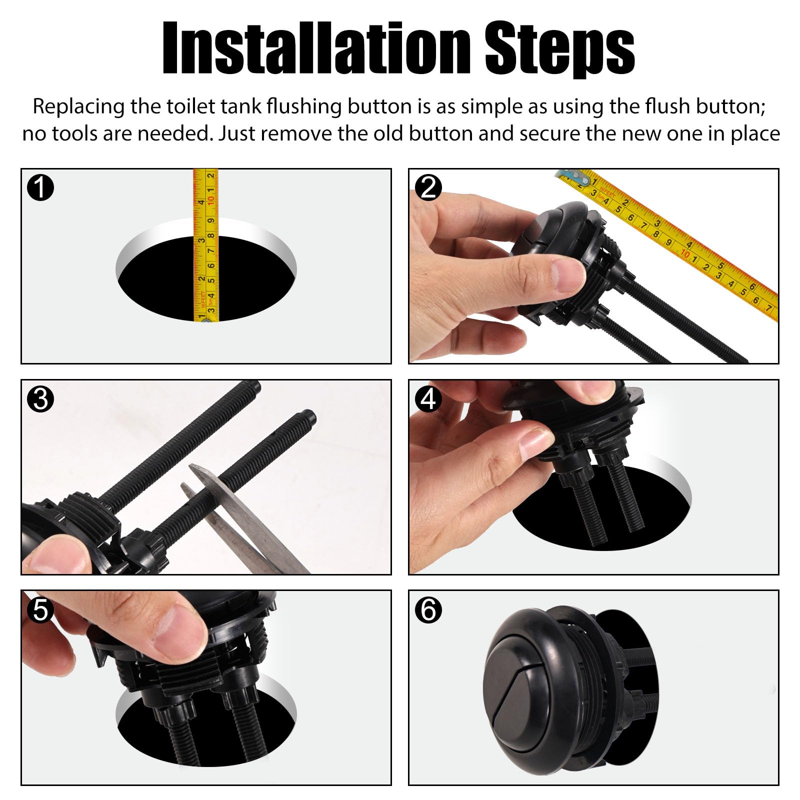 Botón Descarga Inodoro Repuesto 48mm, Pulsador Doble Descarga Ajustable para Abertura Tanque Universal Pieza de Reparación para Baño del Hogar (Negro) — view 5