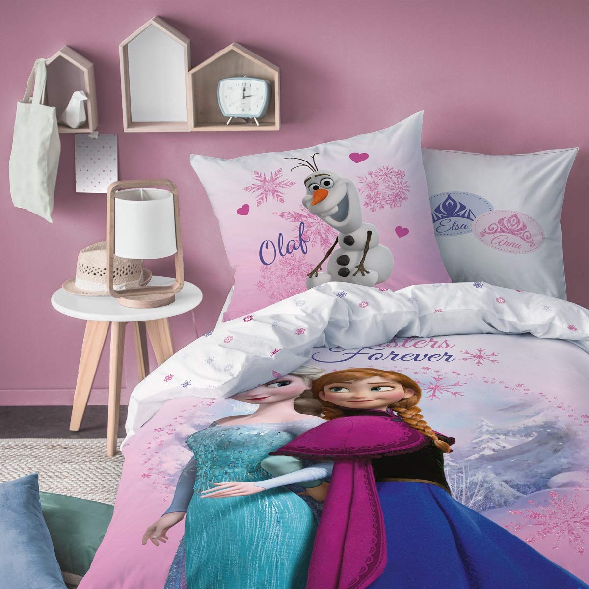 Familando Juego de ropa de cama para niña con Anna y Elsa, 135 x 200 cm y 80 x 80 cm, 100% algodón, diseño reversible con Olaf en color rosa
