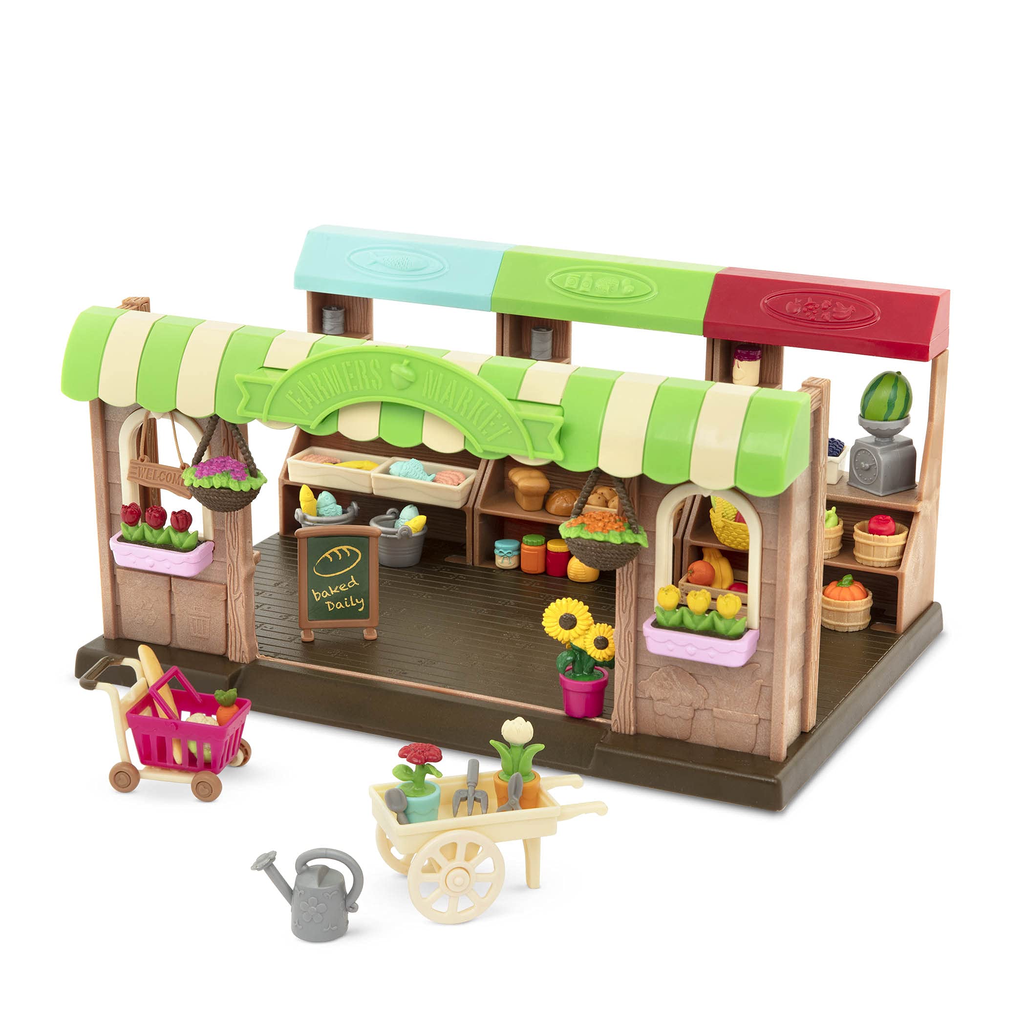 Li'l Woodzeez Market Playset  Hoppin Farmers Market  67 pc Toy Set  Family Toys for Kids Age 3+
