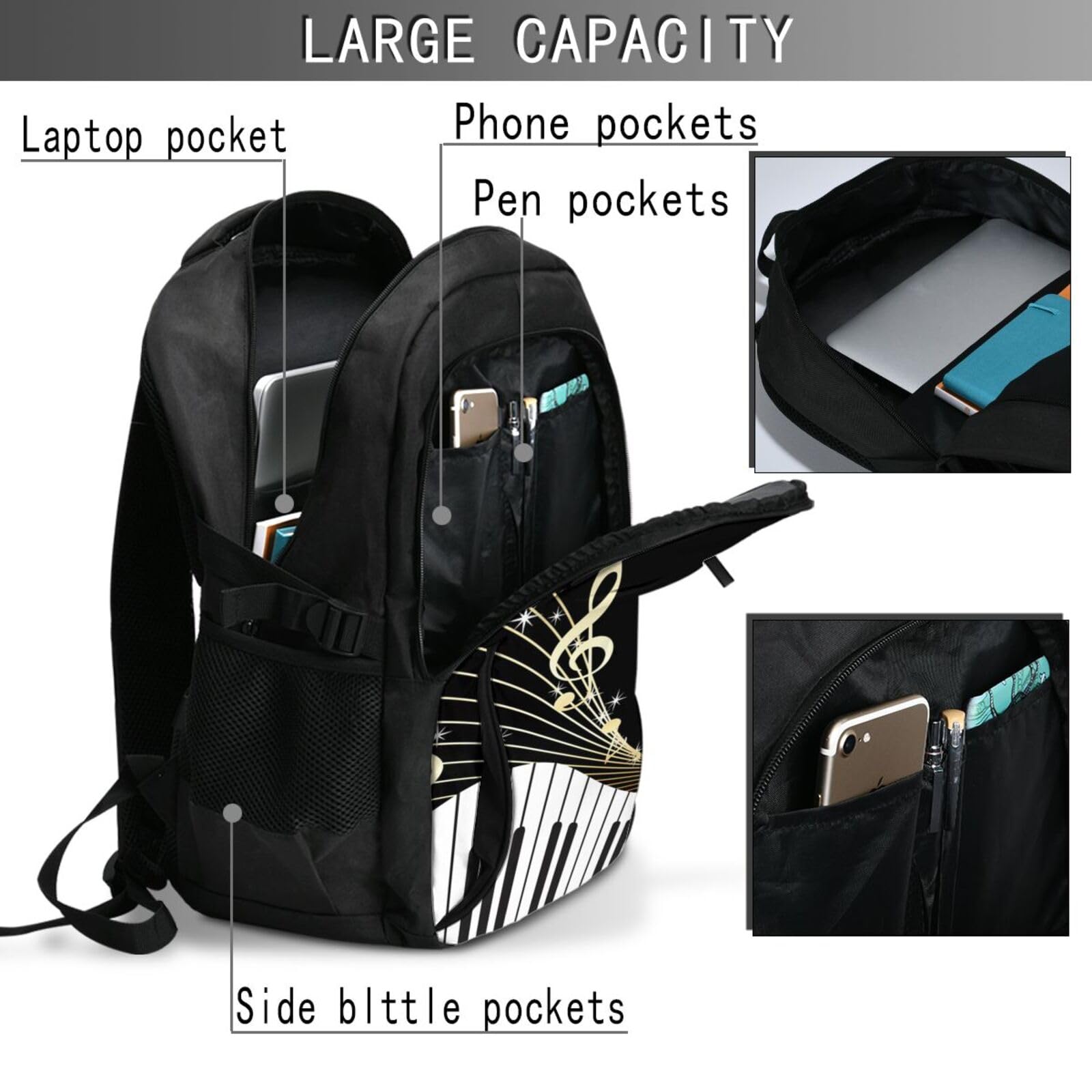 InOmak Schwarze Musiknoten, Reiserucksack, Freizeitrucksack, Schulrucksack, Laptop-Rucksack für Damen und Herren