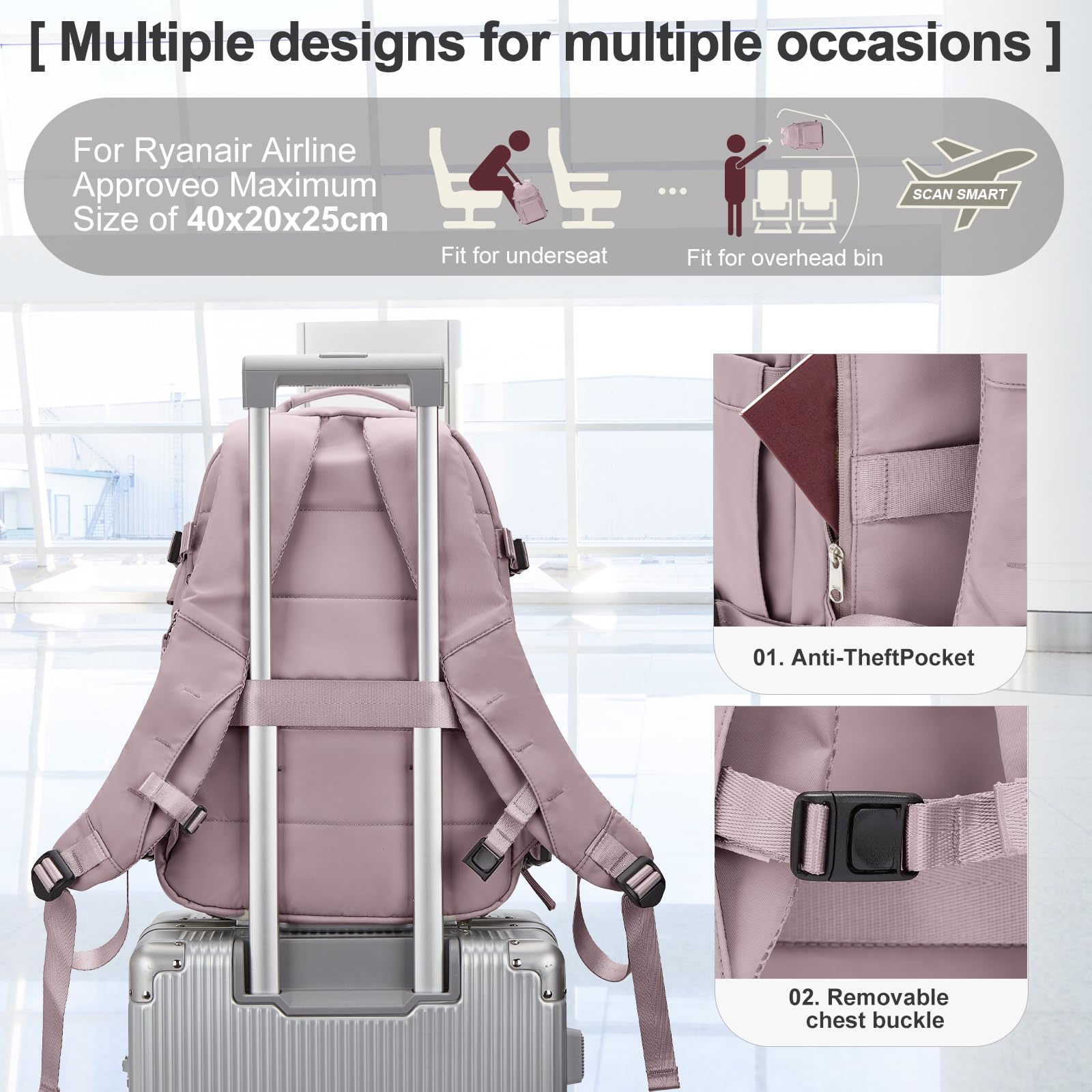 UPPACK Zaino Ryanair 40x20x25 Zaino Da Viaggio aereo Bagaglio a Mano Donna Zaino Borse da Cabina Borsa da Viaggio aereo Zaino per PC Impermeabile Casual Daypack