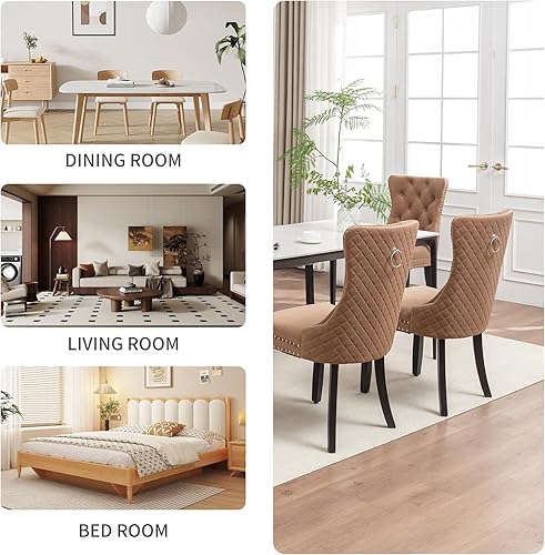 Miniatura 7 de Juego de 6 Sillas de Comedor de Terciopelo Systemkenji, Sillas Tapizadas para Comedor con Adornos de Clavos, Sillas de Cocina de Madera para