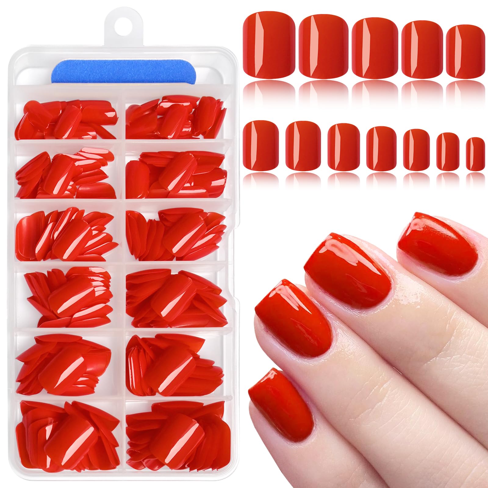 AddFavor Red Press on Nails Short Square Fake Nails, 240pc Short Nails Press ons 12 Sizes Squoval False Acrylic Nail Stick on Nails for Women