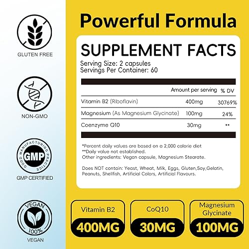 Miniatura 2 de Vitamina B2 Riboflavina 400 mg con magnesio y CoQ10 para adultos, cápsulas de vitamina B2 para energía, alivio de la migraña, 120 cápsulas vegetales