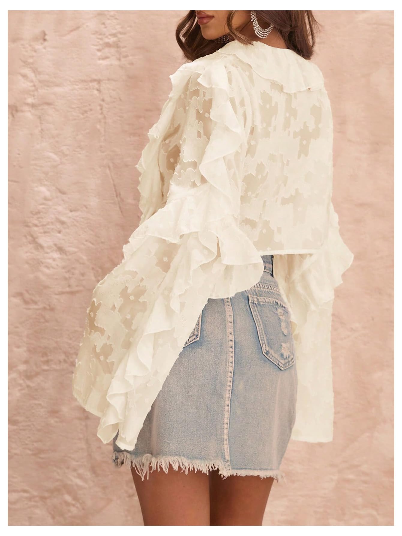 MakeMeChic Women's Tie V Neck Blouse Ruffle Trim Bell Sleeve Elegant Going Out Crop Tops Fall Clothes