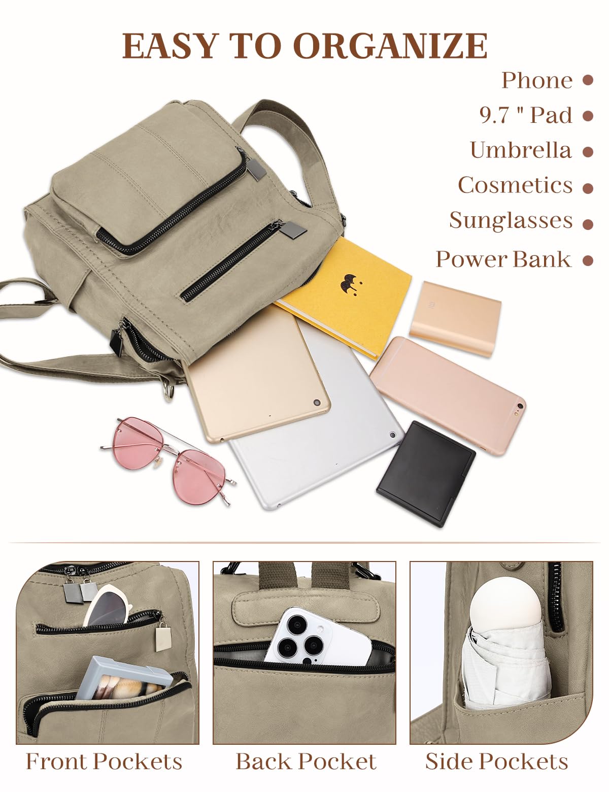 RAVUO Rucksack Damen Klein,Elegant PU Leder Rucksackhandtaschen Wasserdicht Cityrucksack für Freizeit Reisen Schule Arbeit Beige