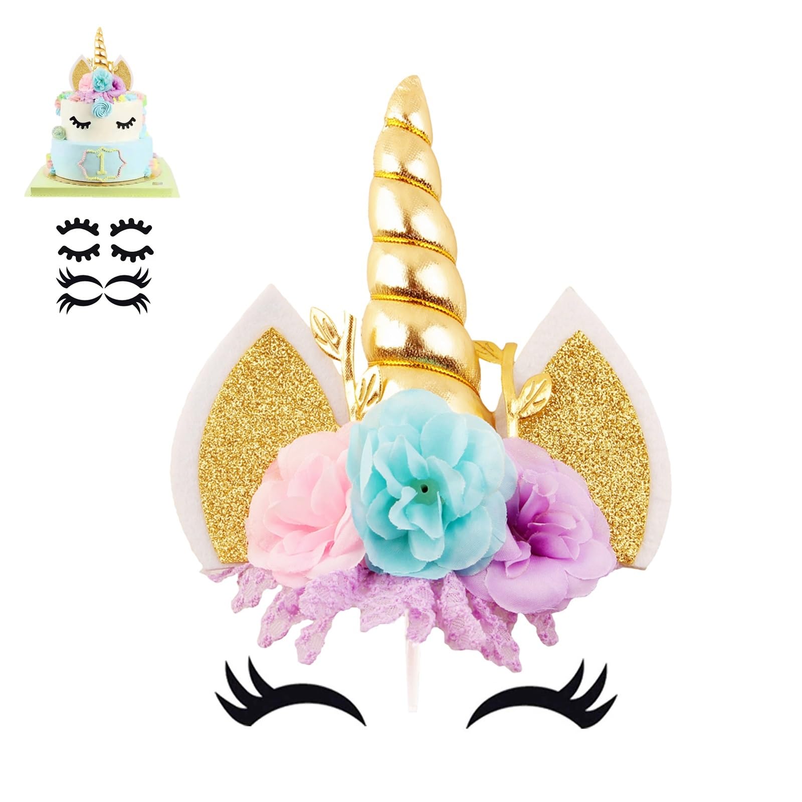 Nishine Unicorn Cake Topper with Eyelashes Knit for Birthday Wedding Party Favors (Gold)