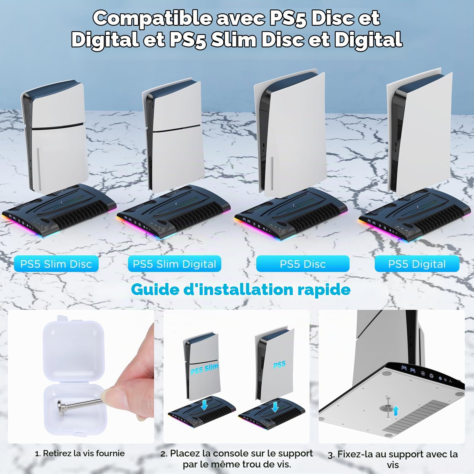 Support pour PS5/Slim - Ventilateur de Refroidissement à 3 Vitesses avec Chargeur Manette, Indicateur LED, 3 Ports USB et 13 Emplacements de Jeu