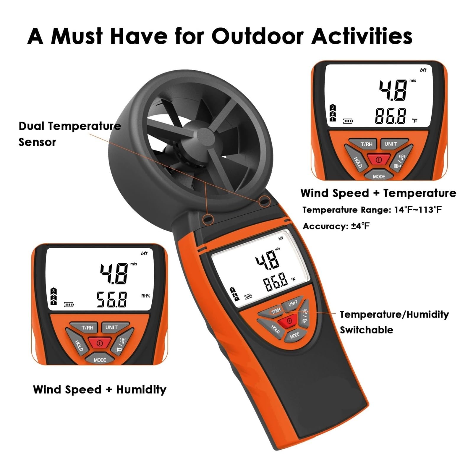 Anemometro portatile for velocità del vento, temperatura, umidità, misuratore di portata d'aria digitale ricaricabile