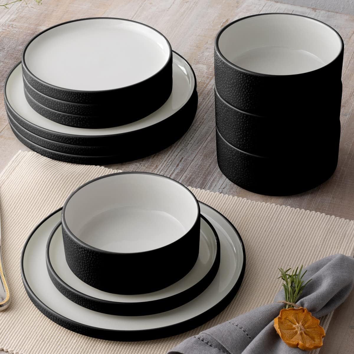 Noritake ColorTex Stone Black 12-Piece Dinnerware Set, Service for 4